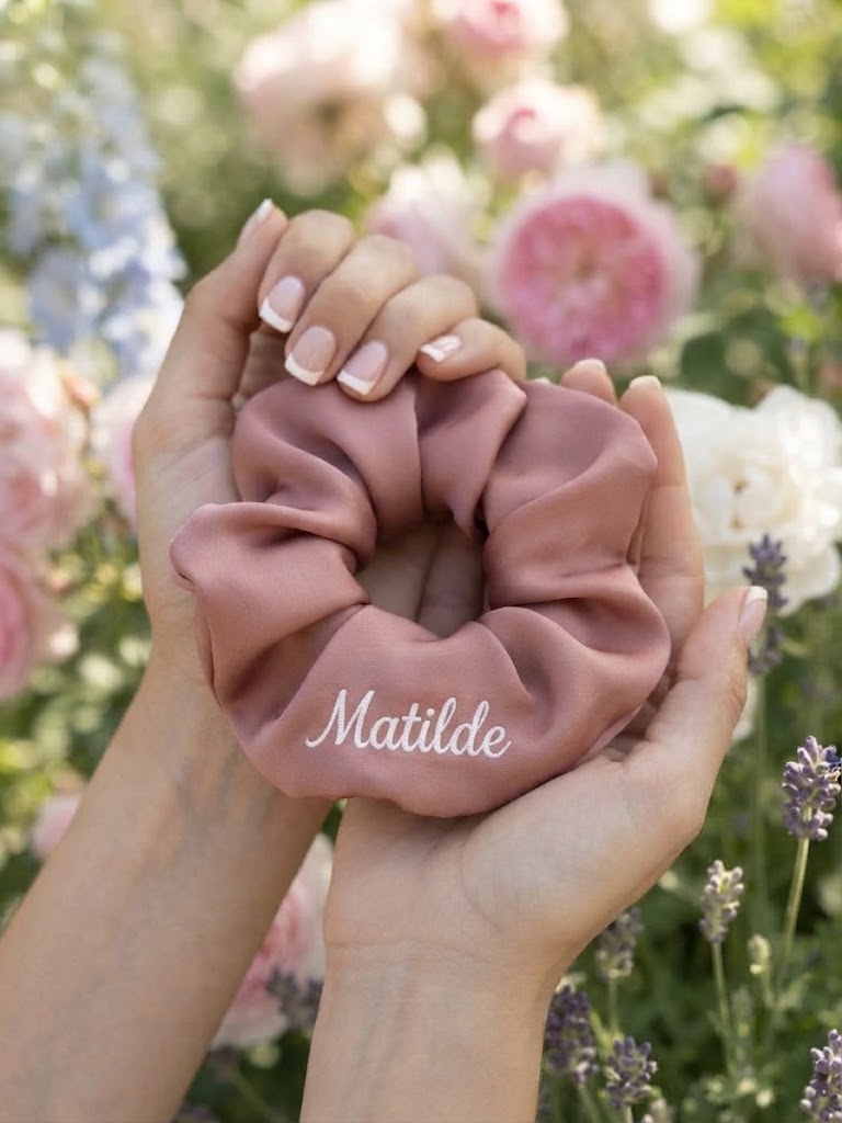 Scrunchie piccolo personalizzato effetto raso – dettaglio 2